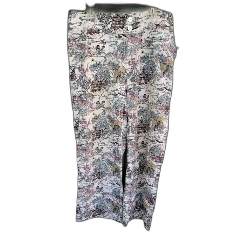Chicos Women's Asian Print Cropped Straight Leg Cotton Pants Size 1